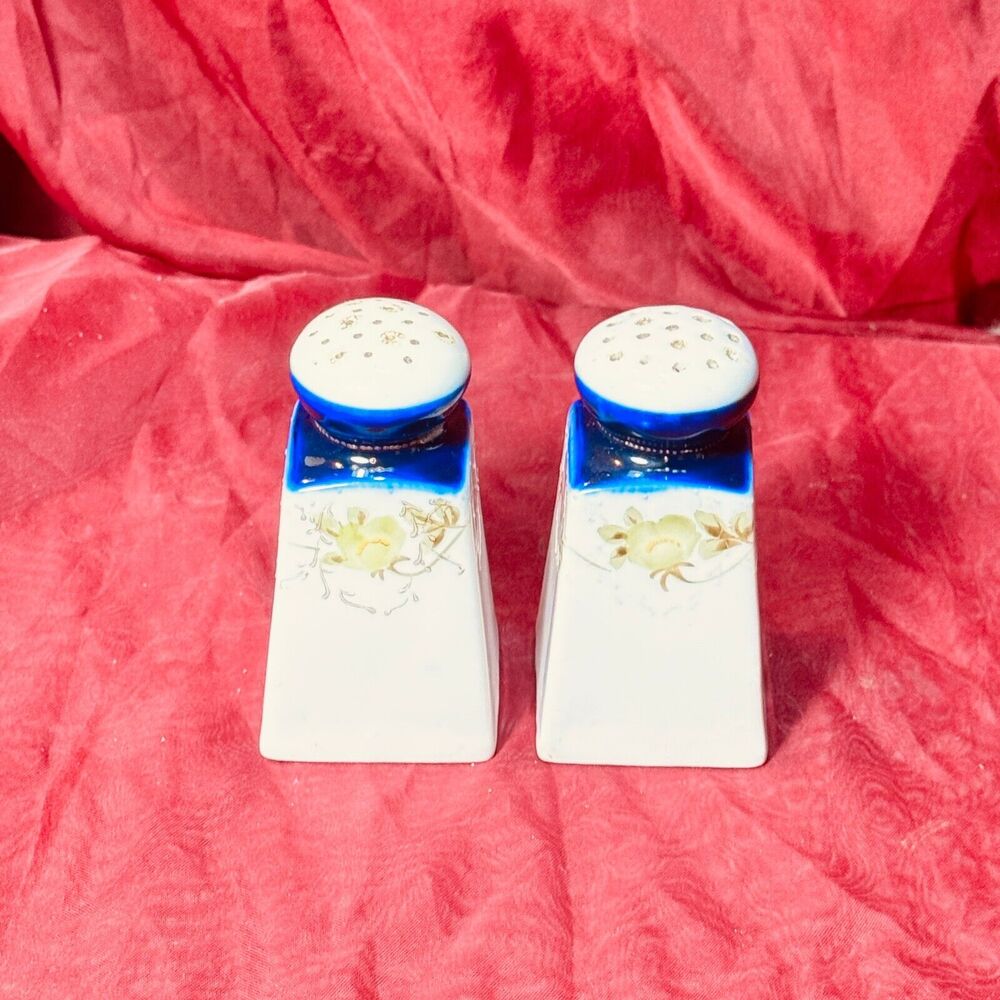 Vintage 3.5" Porcelain Salt & Pepper Shakers Handpainted Flow Blue Style